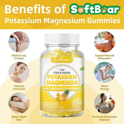 softbear Potassium Gummies for Adults, Sugar-Free Potassium Magnesium Supplement with Vitamin B6 CoQ10 for Leg Cramps Muscle Health Vegan Pineapple Flavor 60 Gummies
