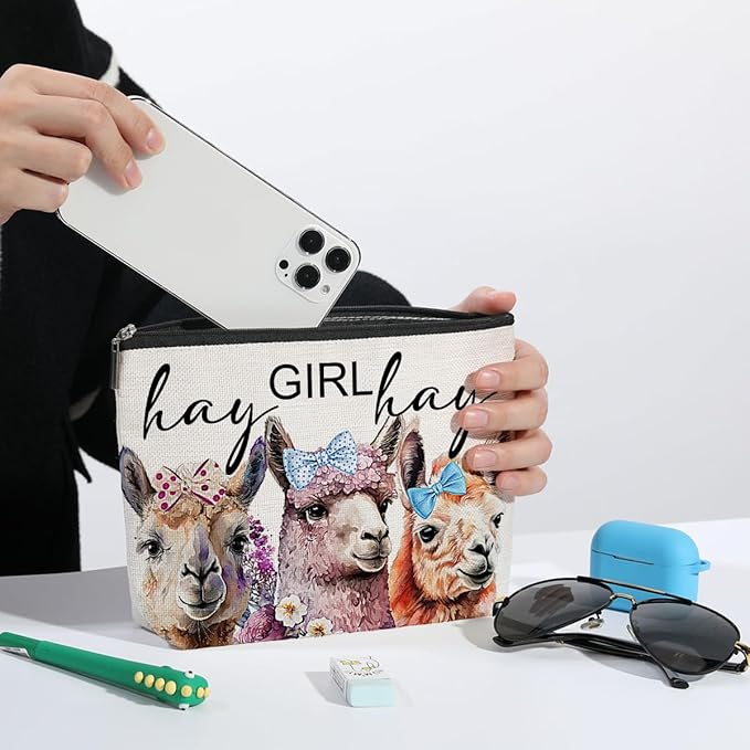 Vintage Funny Llama Gifts Farm Animals Western Makeup Bag Alpaca Graduation Mothers Day Birthday Alpaca Gifts for Girls Women Llama Lovers Friends Daughter Sister Niece Cosmetic Bag Hay girls Hay