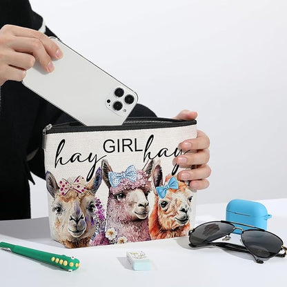 Vintage Funny Llama Gifts Farm Animals Western Makeup Bag Alpaca Graduation Mothers Day Birthday Alpaca Gifts for Girls Women Llama Lovers Friends Daughter Sister Niece Cosmetic Bag Hay girls Hay