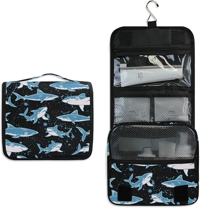 senya Hanging Travel Toiletry Bag Kit Boys Makeup Case Cosmetics Organizer for Men Women (Undersea Shark)