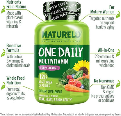 NATURELO One Daily Multivitamin for Women 50+ (Iron Free) - Menopause Support for Women Over 50 - Whole Food Supplement - Non-GMO - No Soy - 120 Capsules - 4 Month Supply
