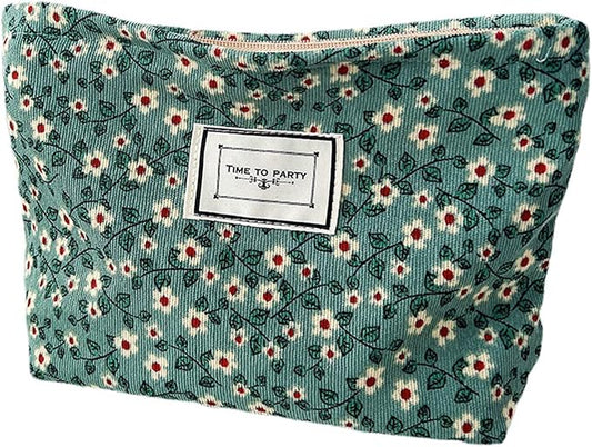 Flower Fabric Makeup Bag for Purse, Vintage Corduroy Cosmetic Pouch Bag, Portable Travel Handbag for Women Girls (Green with white flowers)
