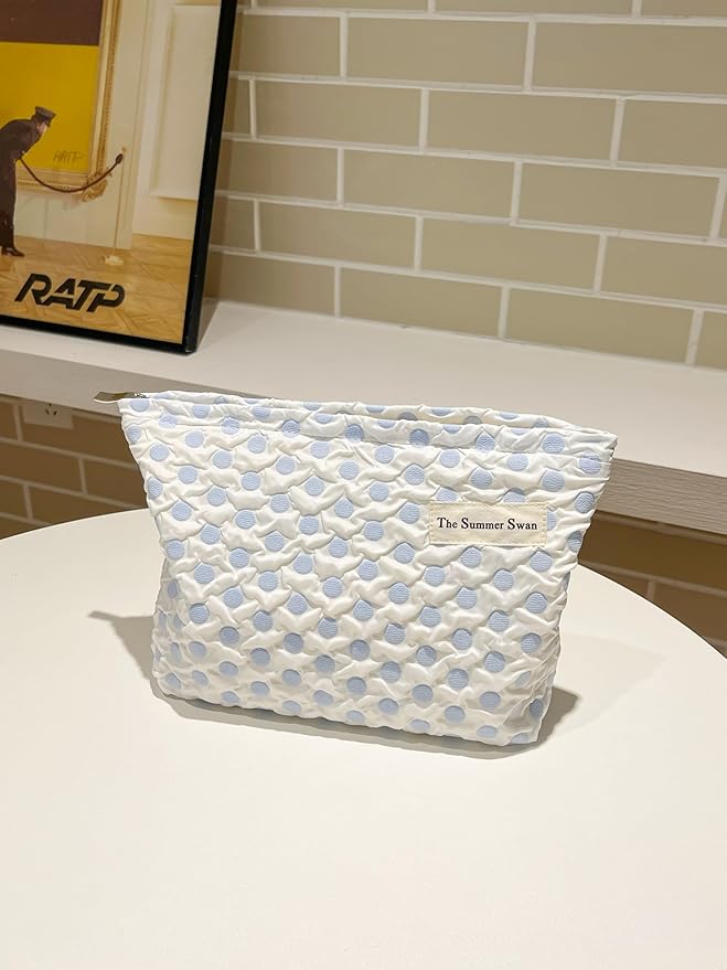 The Summer Swan | Large Aesthetic Makeup Bag | Floral Makeup Bag | Mid-day Clutch | Period Kit Bag | Hygiene Bag | Skincare Bag | Cute Makeup Bag (Polka Dots Blue)