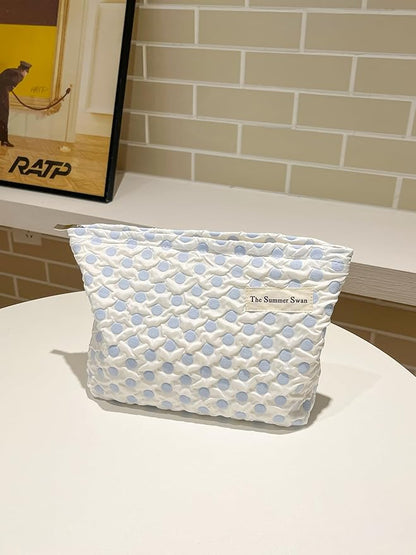 The Summer Swan | Large Aesthetic Makeup Bag | Floral Makeup Bag | Mid-day Clutch | Period Kit Bag | Hygiene Bag | Skincare Bag | Cute Makeup Bag (Polka Dots Blue)