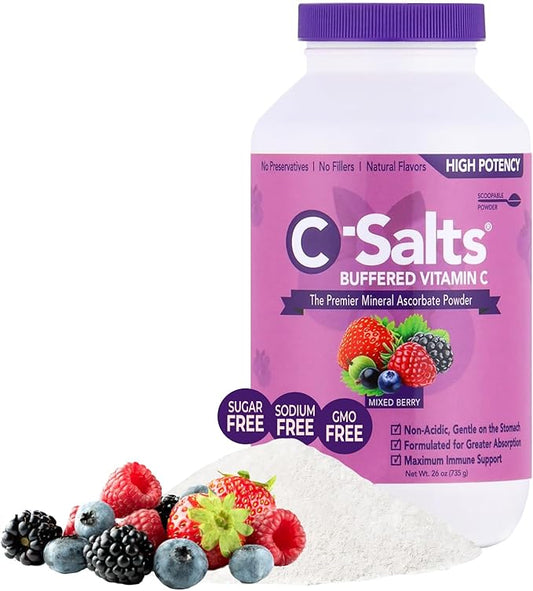 4000mg Vitamin C Powder Supplement - 100% Pure Buffered Powdered Drink with Ascorbate C - Potent Immune Support, Stomach-Friendly, Organic, Vegan, Sodium & Sugar-Free, Mixed Berry 26oz