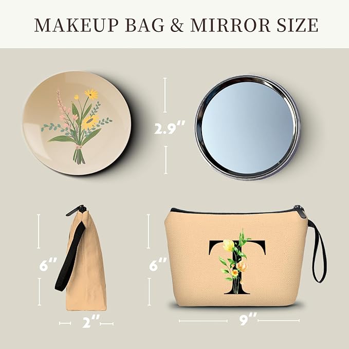 SEAMOON Women Birthday Unique Bride to be Bridal Shower Initial Gifts for Mom Sister Friend Her Teacher Aunt Makeup Cosmetic Bag with Mirror Mothers Day Christmas Graduation T