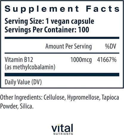 Vital Nutrients Vitamin B12 1000mcg | Vegan Methylated B12 | Methylcobalamin for Metabolism, Cognitive, & Nervous System Health* | High-Potency B12 Supplement | Gluten, Dairy, Soy Free | 100 Capsules