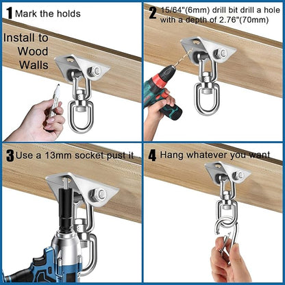 Hammock Hanging Kit,Hanging Chair Hardware 360°Rotating 1200 lb Capacity Hammock Hooks Heavy Duty,Hammock Chair Hanging Kit & Swing Ceiling Hook Snap for Hammock Chair Stand,Seat,Tree,Yoga,Gym(Silver)