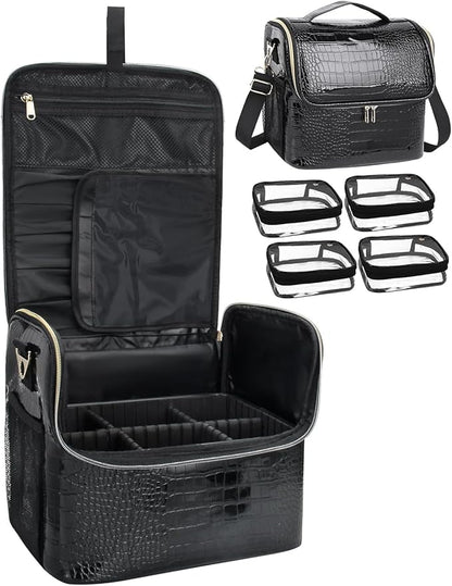 Travel Makeup Bag, Tattoo Case with 4 Inner Removable Pouches, Professional Makeup Artist Bag Travel Organizer Box with Adjustable Dividers (Medium, Black)