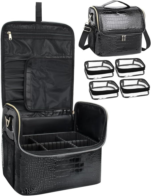 Travel Makeup Bag, Tattoo Case with 4 Inner Removable Pouches, Professional Makeup Artist Bag Travel Organizer Box with Adjustable Dividers (Medium, Black)
