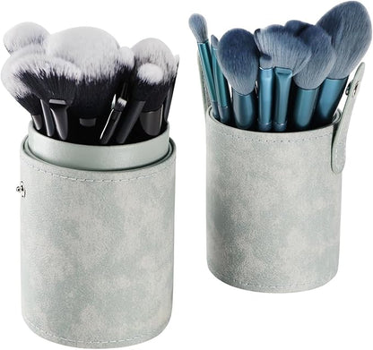 Portable Makeup Brush Case,Pu Leather Makeup Brush Holder with Button,Travel Cup Storage Dustproof Makeup Cosmetic Bags for Women (Cyan)