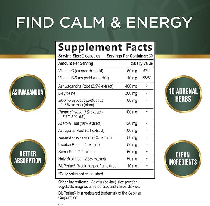 Adrenal Support Supplements - Ashwagandha & 10 Adaptogenic Herbs including Rhodiola Rosea, Holy Basil – Adrenal Supplement Support for Balanced Energy, Adrenal Fatigue, Calm, Relaxation – 60 Capsules
