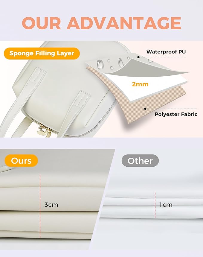 Fmeida Small Makeup Bag Organizer Leather Cosmetic Bags for Women Travel Cosmetic Pouch Waterproof Aesthetic Makeup Bag with Compartments Portable Handle Apricot