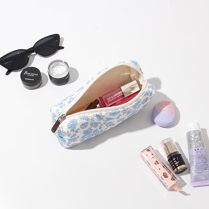 Cosmetic Bag for Women Corduroy Makeup Bag Travel Make Up Organizer Tool Pouch Small Bag for Purse, Zipper Portable Storage Pouch Toiletry Bag for Women (Orchid)