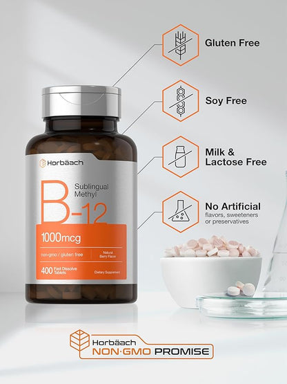 Horbaach Vitamin B12 Sublingual 1000 mcg | 400 Tablets | Methyl Supplement for Women and Men | Fast Dissolve Pills | Berry Flavor | Vegan, Non-GMO, and Gluten Free