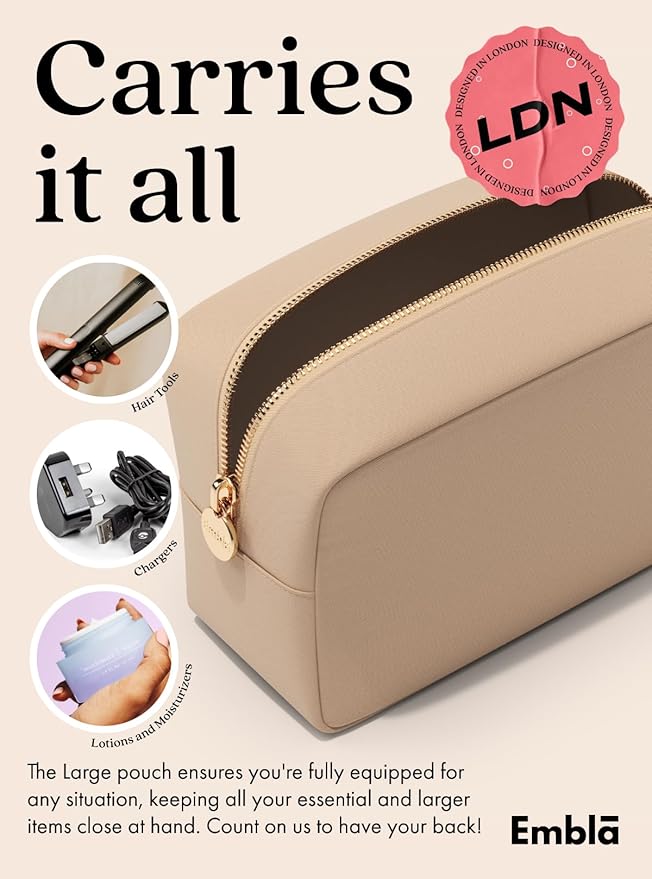 Embla Makeup Bag Travel Cosmetics Pouch and Toiletry Bag, Nylon Zipper Pouch Purse, Cute Make Up Organizer Storage Tote for Women Girls, Waterproof Travel Skincare Case, Large Makeup Bags, Honey Beige