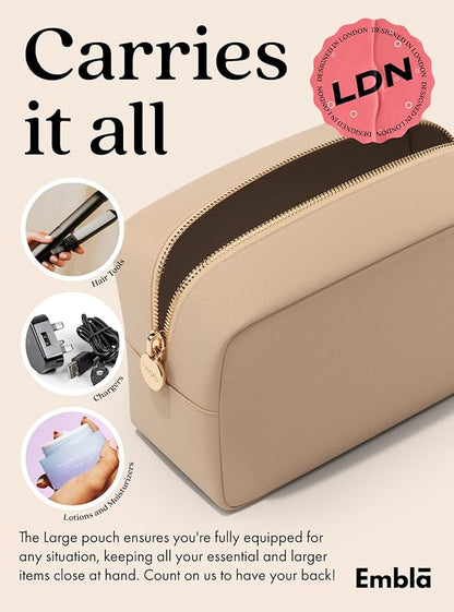 Embla Makeup Bag Travel Cosmetics Pouch and Toiletry Bag, Nylon Zipper Pouch Purse, Cute Make Up Organizer Storage Tote for Women Girls, Waterproof Travel Skincare Case, Large Makeup Bags, Honey Beige