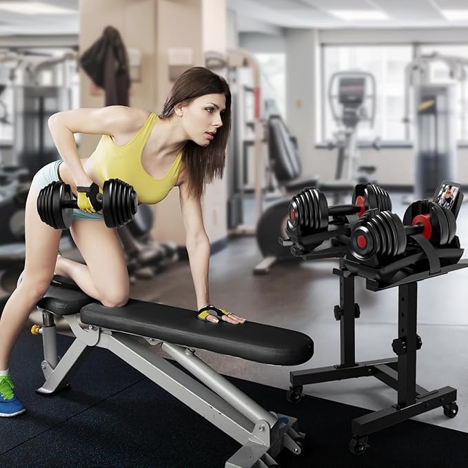 Adjustable Dumbbell Stand - Uboway Weight Stand with 4 Level Height Adjustment, Dumbbell Weight Rack with Tablet Holder and Durable Casters, Weight Holder for Adjustable Dumbbell Set, Home Gym Fitness （Bonus Foot Pads）