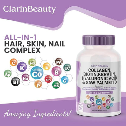 100% Natural Collagen Pills 1000mg Biotin 10000mcg Keratin Saw Palmetto 2500mg Hyaluronic Acid & Pumpkin Seed with Vitamin C and Vitamin E