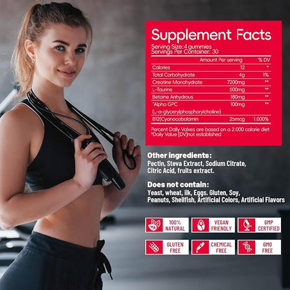 Creatine Monohydrate Gummies for Men & Women 120 CT - 7200mg of Creatine Monohydrate per Serving, Chewable Creatine Monohydrate for Muscle Support & Energy Boost, Sugar Free, Vegan (Raspberry Flavor)