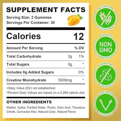 Creatine Monohydrate Gummies for Men & Women, Chewables Creatine Monohydrate for Muscle Strength, Muscle Builder, Energy Boost, Sugar Free, Vegan, Mango Flavor-120 Count