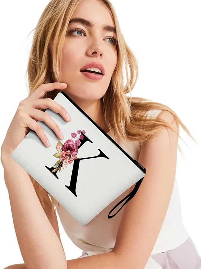 Vavabox A-Z Personalized Makeup Bag, Birthday Gifts for Women Mom, Gifts for Best Friend, Bride Bridesmaid Cosmetic bag (K, White)