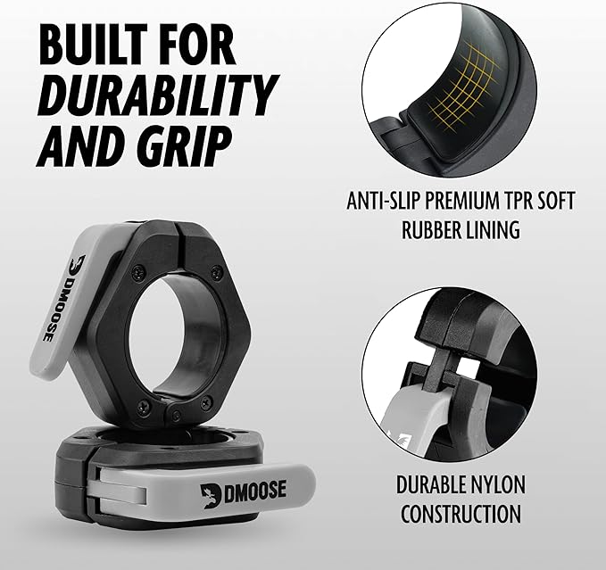 DMoose Fitness Barbell Clips 2" (Pair) - Quick Release Olympic Barbell Clamps & Collars with Anti Slip TPR Lining for Secure Weightlifting & Powerlifting - Weight Clips for Bars at Home or Gym