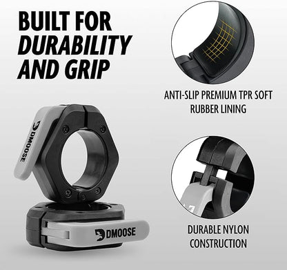 DMoose Fitness Barbell Clips 2" (Pair) - Quick Release Olympic Barbell Clamps & Collars with Anti Slip TPR Lining for Secure Weightlifting & Powerlifting - Weight Clips for Bars at Home or Gym