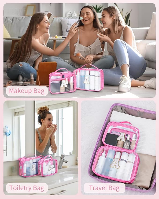 Wandering Nature Clear Makeup Bags 2 Pack Personalized Initial Makeup Pouch Preppy Small Cosmetic Pouch Organizer Travel Toiletry Bag, Birthday Gifts for Girlfriend Women