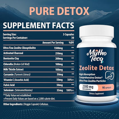 2300 MG Zeolite Detox Capsules - Activated Charcoal & Bentonite Clay, Highly Absorbable Full Body Detox, Liver & Gut Detox Cleanse, Zeolite Clinoptilolite for Heavy Metal Detox （180 Capsules）