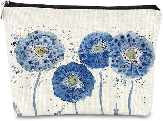 Watercolor Blue Flowers Makeup Bag,Spring Summer Flower Cosmetic Bag Best Gift Idea for Teen Girls Women,Birthday Christmas Gifts for Girls Women Daughter Sister