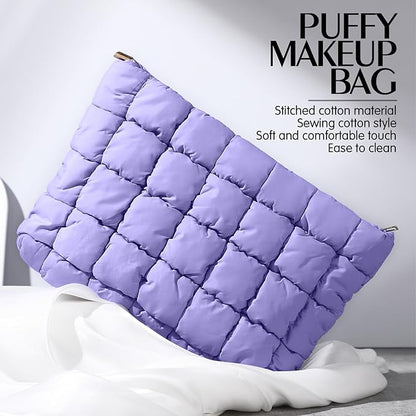 Hillban Puffy Quilted Makeup Bag Quilted Cosmetic Bag Cute Puffer Toiletry Checkered Pouch Aesthetic Travel Makeup Brushes Organizer(Purple,Classic)