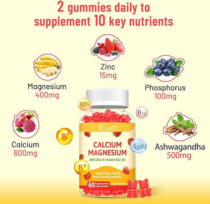 2 Pack Calcium Gummies with Magnesium, Zinc, Vitamin D3 & B12, Calcium Supplements for Women Men, Support Bone, Muscle and Immunity, 120 Vegan Raspberry Flavor Gummies