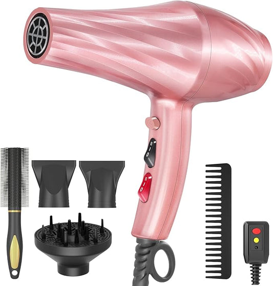 Ionic Hair Dryer,2400W Negative Ion Low Noise Hair Dryer Professional Fast Drying Hair Dryer with 2 Speeds, 3 Heat Settings, Cooling Button,with Diffuser for Curly and Straight Hair（Sakura Pink）