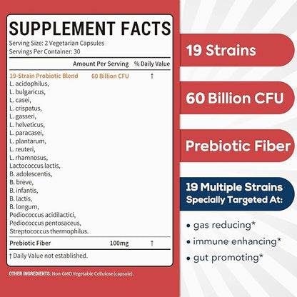 Probiotics 60 Billion CFU 19 Strains for Men & Women, with 100mg Prebiotic, Shelf Stable, 2-in-1 Daily Care Probiotic, Non-GMO, Digestive & Immune Health, 60 Veggie Capsules
