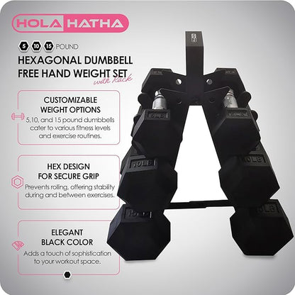 HolaHatha Hexagonal Dumbbell Free Hand Weight Set w/Rack