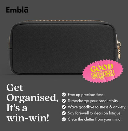 Embla Makeup Bag Travel Cosmetics Pouch and Toiletry Bag, Nylon Zipper Pouch Purse, Cute Make Up Organizer Storage Tote for Women Girls, Waterproof Travel Skincare Case, Small Makeup Bags, Black Noir
