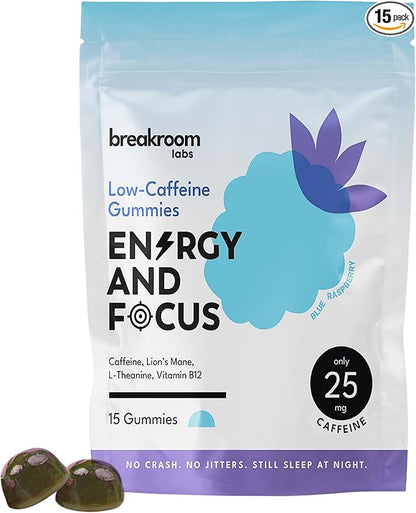 Low-Caffeine Gummies for Energy and Focus w/Vitamin B12, Lion's Mane, L-Theanine - Low Sugar, No Carbs, Gluten Free, Vegan, Nootropic Energy Chew - Blue Raspberry Flavor, 15 Servings