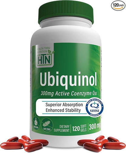 Health Thru Nutrition Ubiquinol 300mg 120 Softgels as Kaneka QH Reduced CoQ-10 | Stabilized - 3rd Party Tested | Enhanced Bioavailability | Cardiovascular & Mitochondria Function Support | Non-GMO