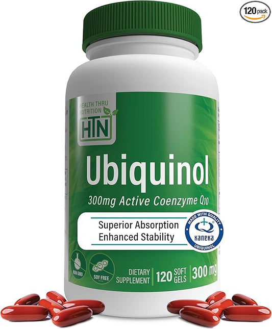 Health Thru Nutrition Ubiquinol 300mg 120 Softgels as Kaneka QH Reduced CoQ-10 | Stabilized - 3rd Party Tested | Enhanced Bioavailability | Cardiovascular & Mitochondria Function Support | Non-GMO