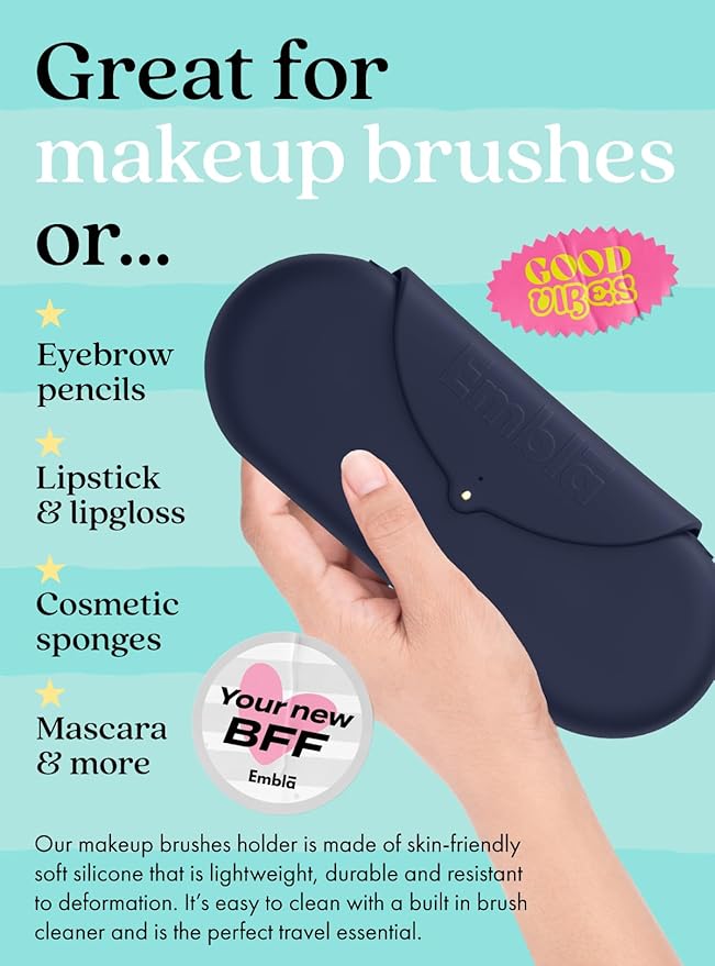 Embla Makeup Brush Holder Travel Cosmetic Case Pouch, Soft Silicone Cosmetic Bag Make Up Brushes Holder with Secure Snap Closure, Travel Makeup Brush Case, Sapphire