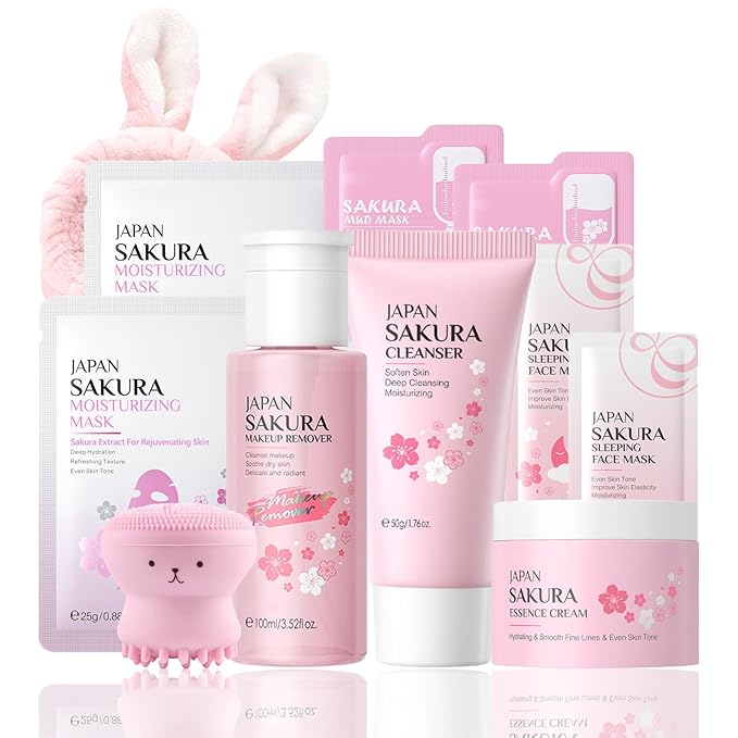 Skincare Set Sakura Women Skincare Gifts for Teen Girls - Travel Essentials for Women - Skin Care Set with Makeup Remover,Face Wash,Moisturizer,Face Mask - Fa ce Care Set for Wo men (11PCS, Sakura)