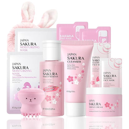 Skincare Set Sakura Women Skincare Gifts for Teen Girls - Travel Essentials for Women - Skin Care Set with Makeup Remover,Face Wash,Moisturizer,Face Mask - Fa ce Care Set for Wo men (11PCS, Sakura)