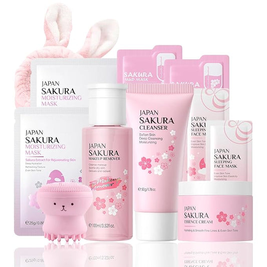 Skincare Set Sakura Women Skincare Gifts for Teen Girls - Travel Essentials for Women - Skin Care Set with Makeup Remover,Face Wash,Moisturizer,Face Mask - Fa ce Care Set for Wo men (11PCS, Sakura)