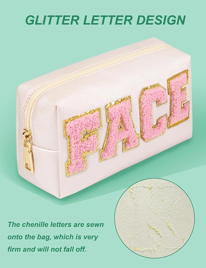 Preppy Makeup Bag, Synthetic Leather Patch Cosmetic Bag with FACE Chenille Letter for Skin Care, Gift for Girlfriend or Wife, Present for Girls, Daughter, Sister and Mother(Beige)