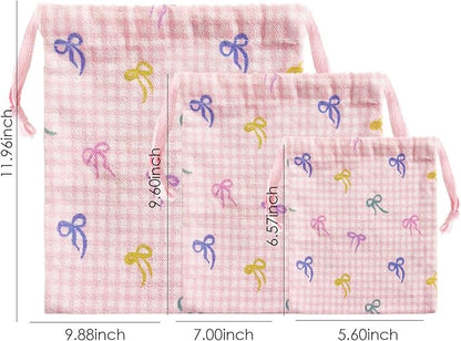 LYDZTION 4pcs Floral Drawstring Makeup Bags Pouches For Purse, Small Canvas Cloth Gift Bags Pouch For Cosmetics Jewerlry Home Travel Storage, Pink Bow