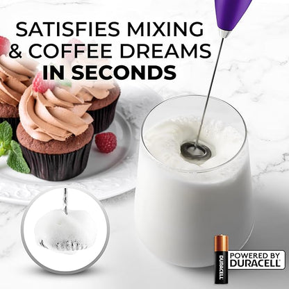 Zulay Powerful Milk Frother (4 Duracell Batteries Included) - Handheld Milk Frother Wand Drink Mixer for Coffee - Powerful Milk Foamer for Cappuccino, Frappe, Matcha & Coffee Creamer - Deep Purple