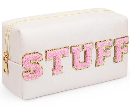 Preppy Makeup Bag, Synthetic Leather Patch Cosmetic Bag with STUFF Chenille Letter for go out, Gift for Girlfriend or Wife, Present for Girls, Daughter and Mum (Cream)