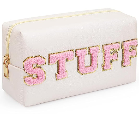 Preppy Makeup Bag, Synthetic Leather Patch Cosmetic Bag with STUFF Chenille Letter for go out, Gift for Girlfriend or Wife, Present for Girls, Daughter and Mum (Cream)