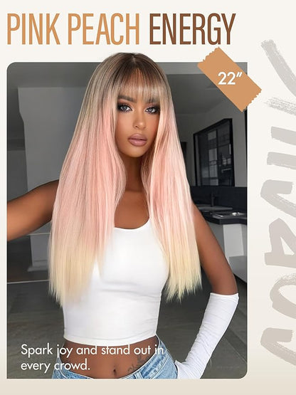 GORGIUS Straight Glueless Wig with Bangs Ombre Peach Pink Layered Hair Ready-to-Go Synthetic Bang Wigs with Realistic Scalp 24 Inch